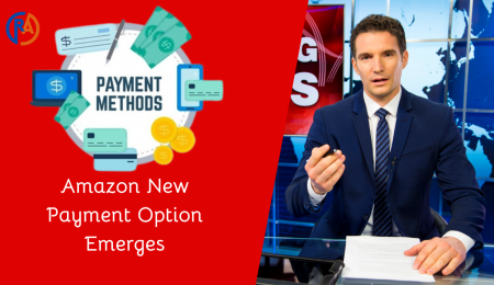 A graphic featuring a news anchor at a desk with the headline “Amazon New Payment Option Emerges” and various payment method icons and currency symbols floating around.